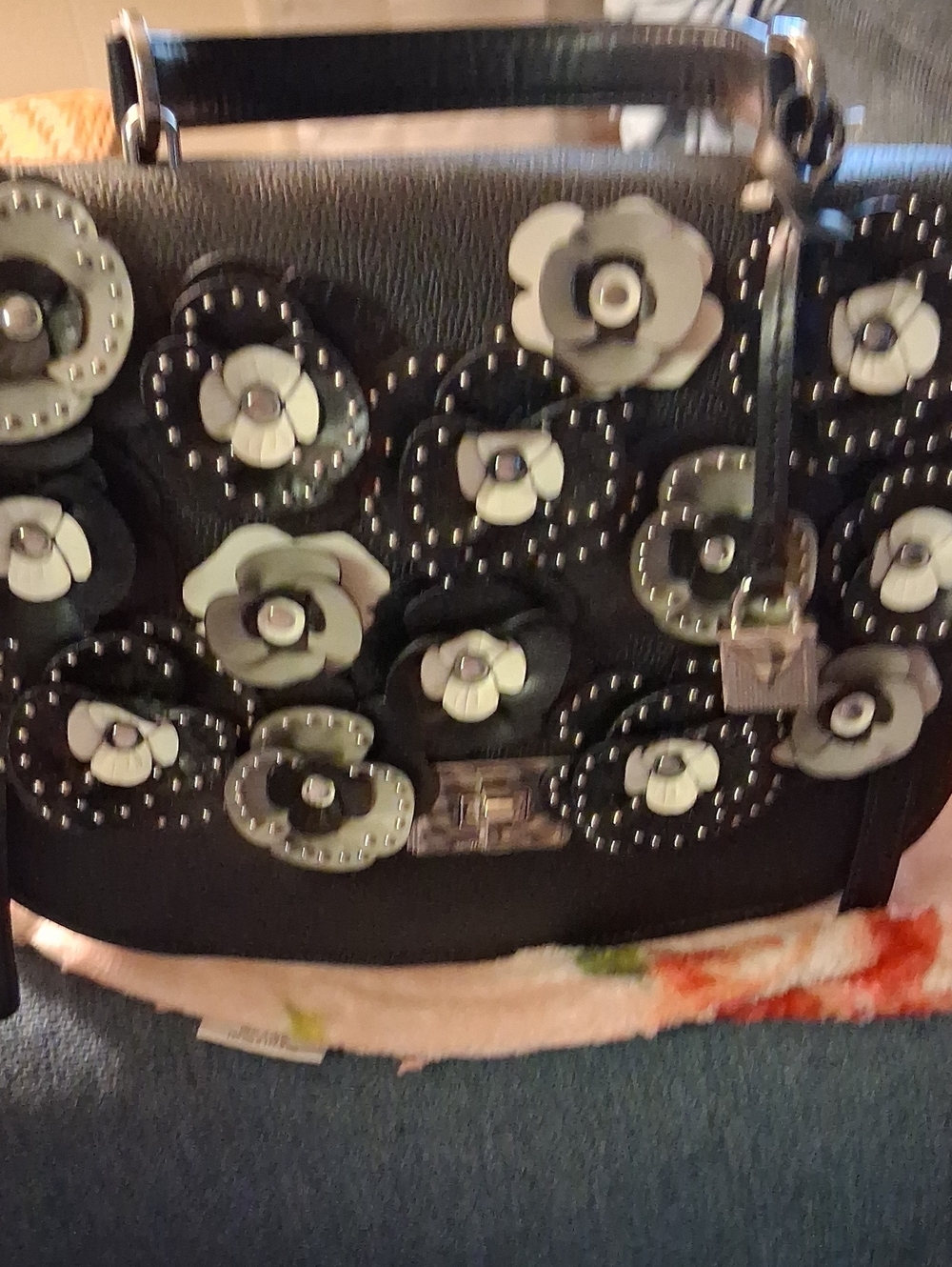 Michael Kors Black Floral Appliqué Satchel with Silver Hardware